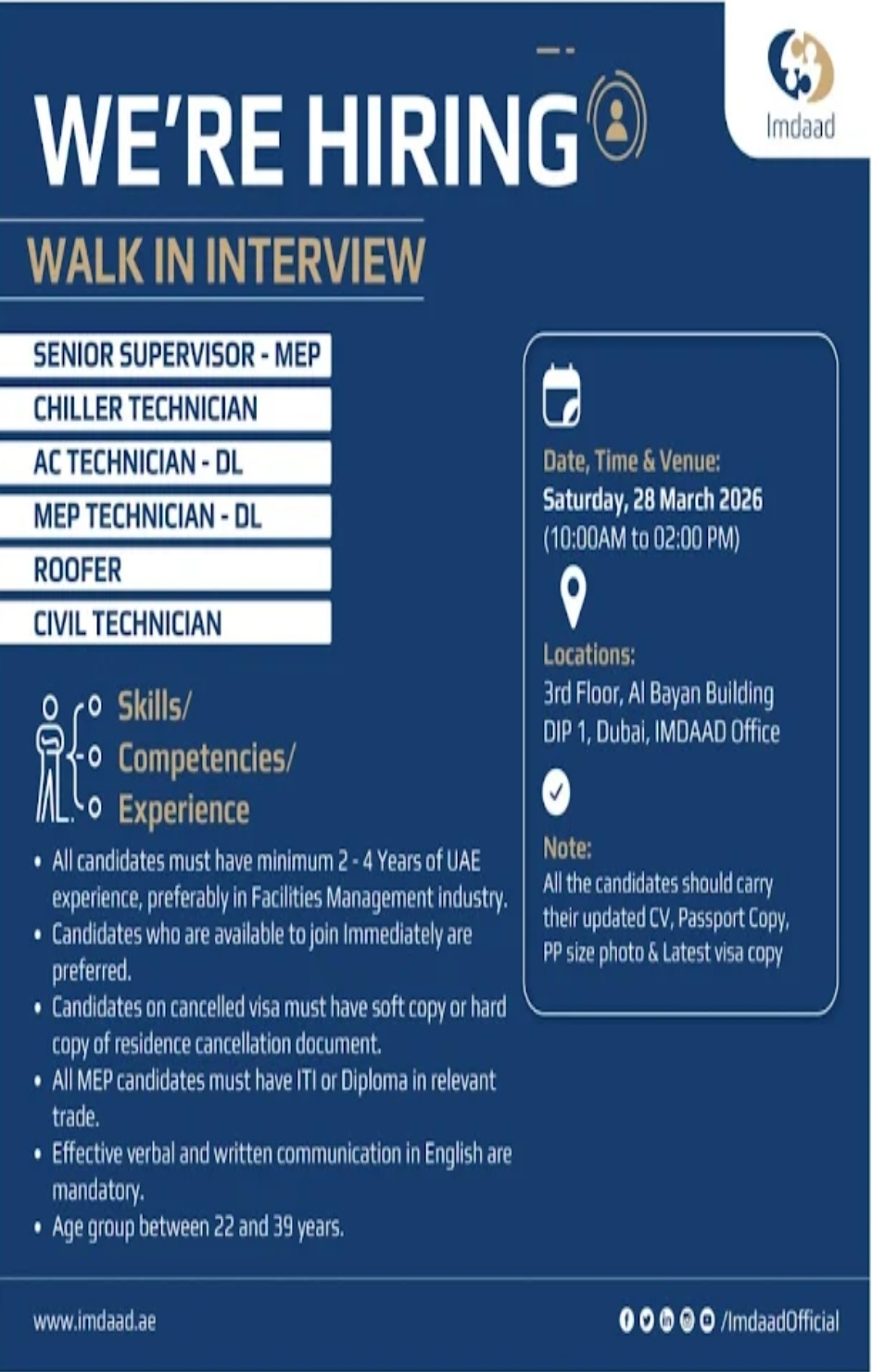 Imdaad Walk – in – Interview 2026 : Supervisors, Technicians and more in Dubai